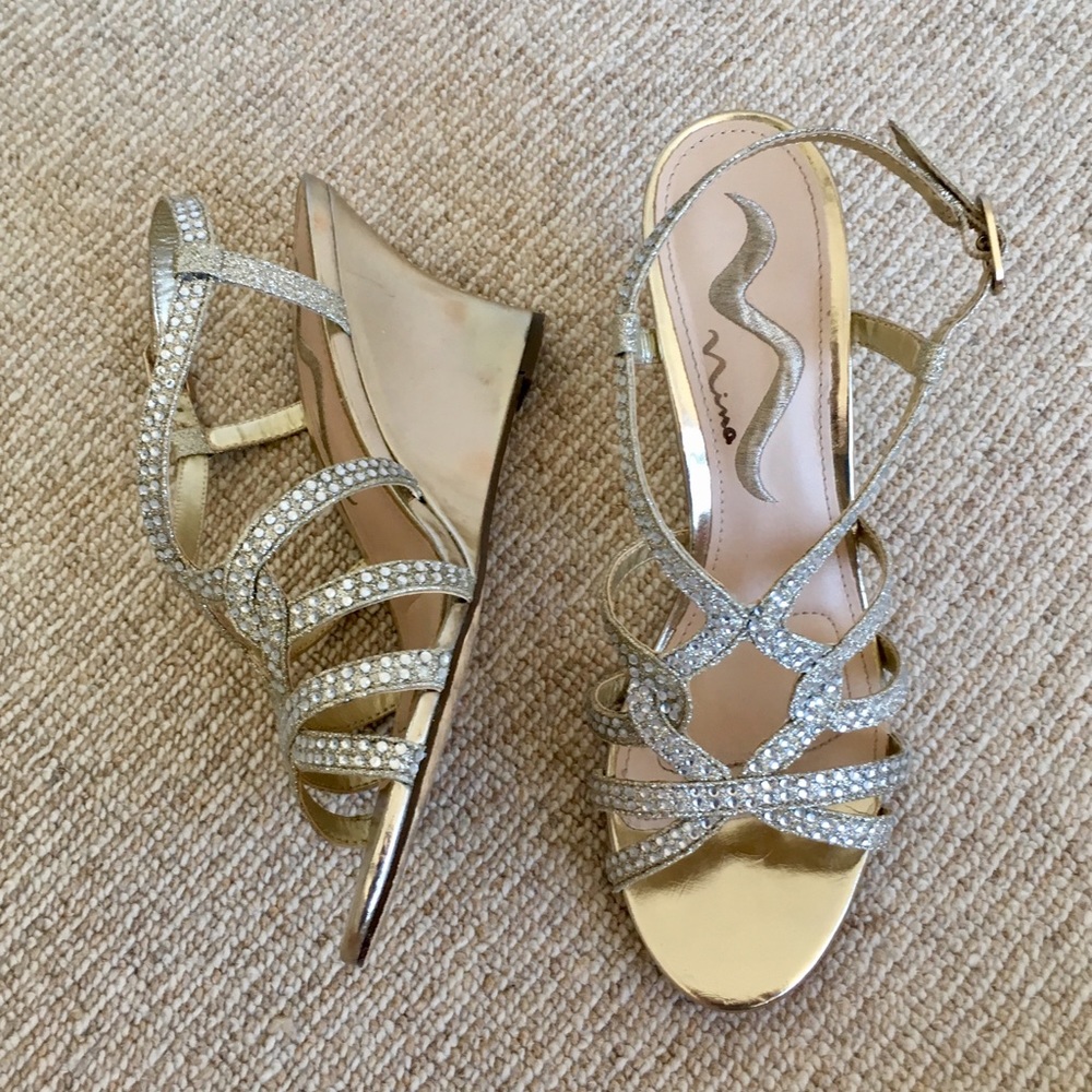 sparkly gold wedge heels